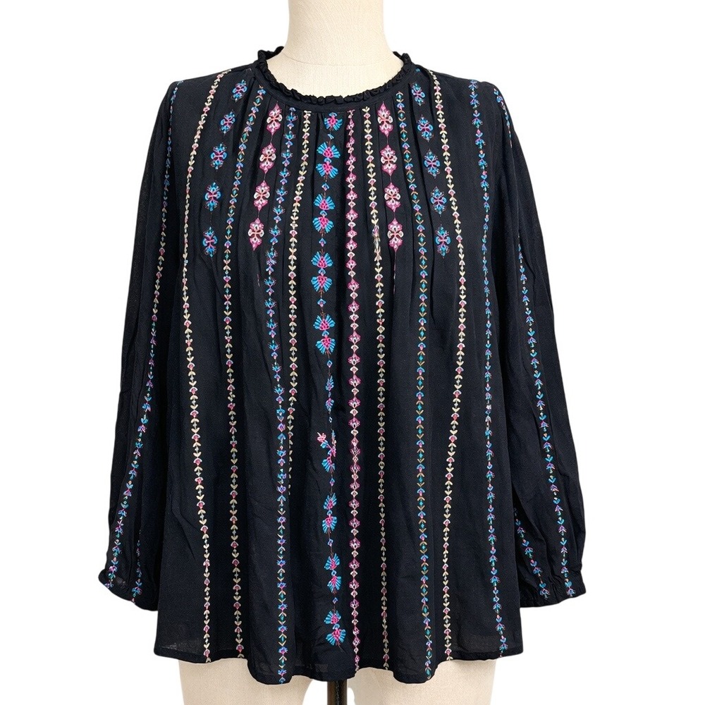 Johnny Was Jade Black Floral Embroidered Linen Blend Calico‎ Blouse Size M